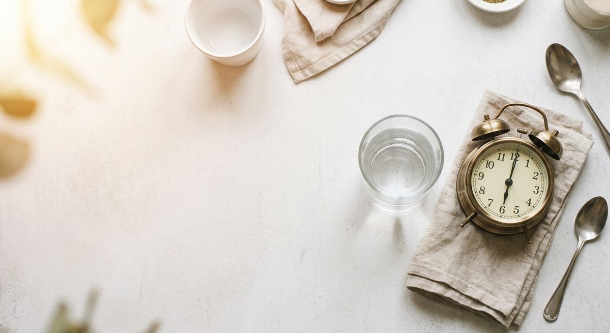 Vaso de agua y reloj sobre una mesa: el ayuno de 8 horas es toda la preparación que necesita una gastroscopia