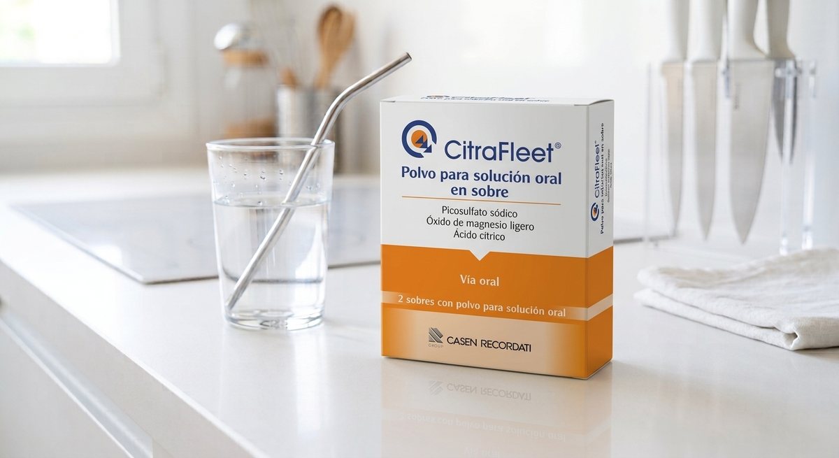 Caja de CitraFleet, polvo para solución oral en sobre, sobre la encimera de una cocina junto a un vaso de agua