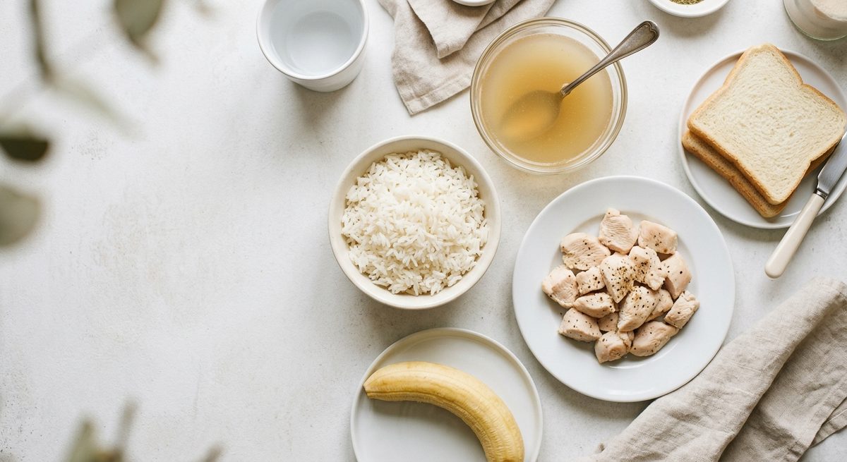 Alimentos permitidos en la dieta baja en residuos: arroz blanco, pollo cocido, pan de molde blanco, caldo colado y plátano maduro