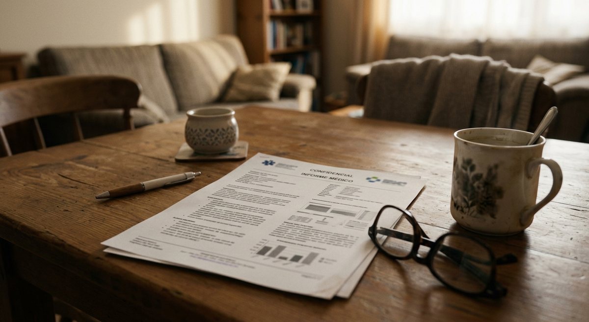 Informe de anatomía patológica sobre una mesa junto a unas gafas y una taza, en el momento de leer el resultado de una colonoscopia