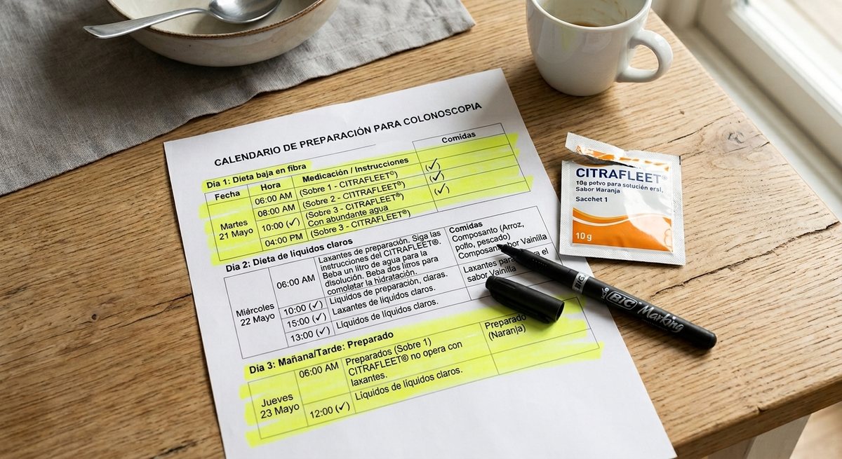 Calendari de preparació per a la colonoscòpia imprès sobre una taula, amb un sobre de preparat i un retolador