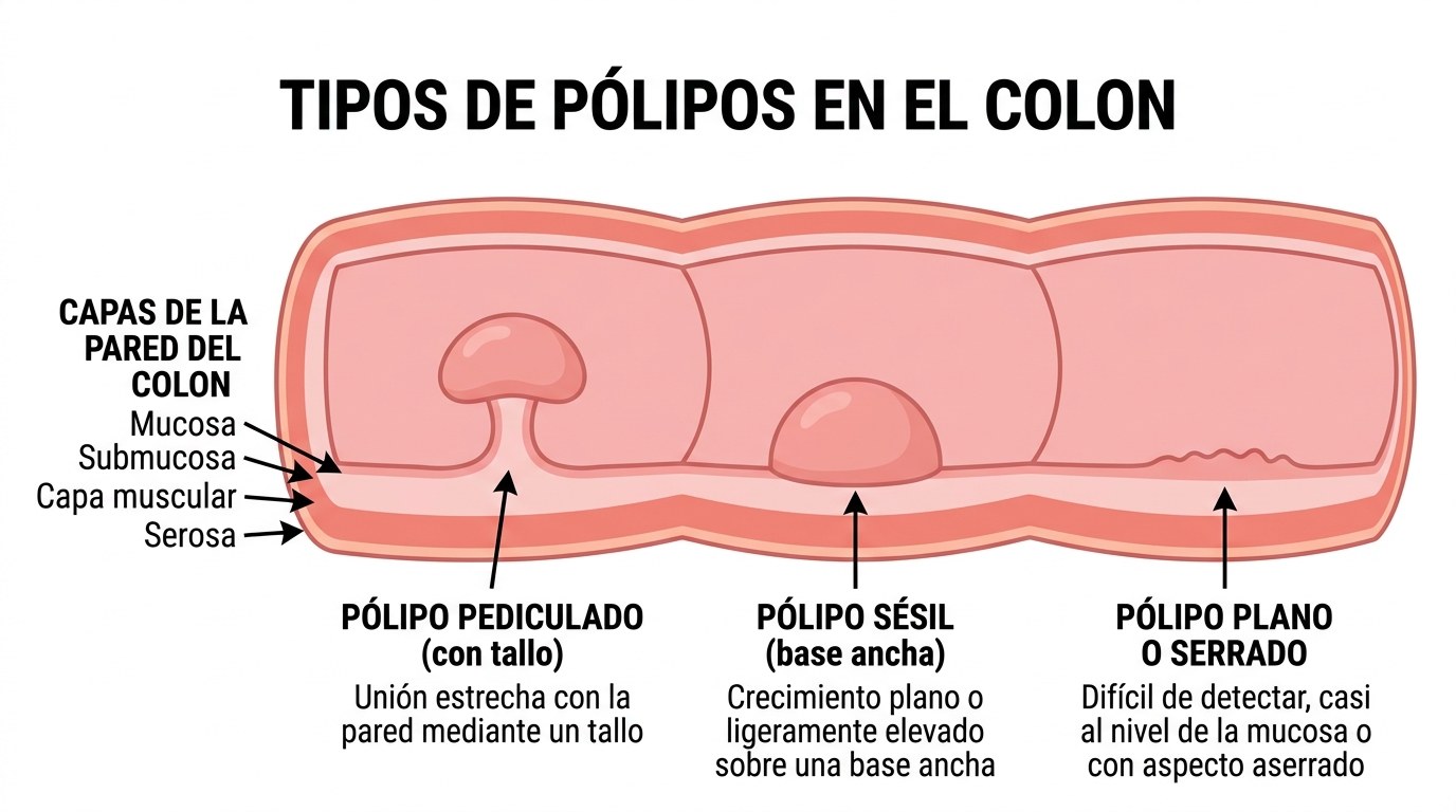 Diagrama de los tipos de pólipos en el colon según su forma: pediculado con tallo, sésil de base ancha y plano o serrado, sobre las capas de la pared del colon (mucosa, submucosa, capa muscular y serosa)