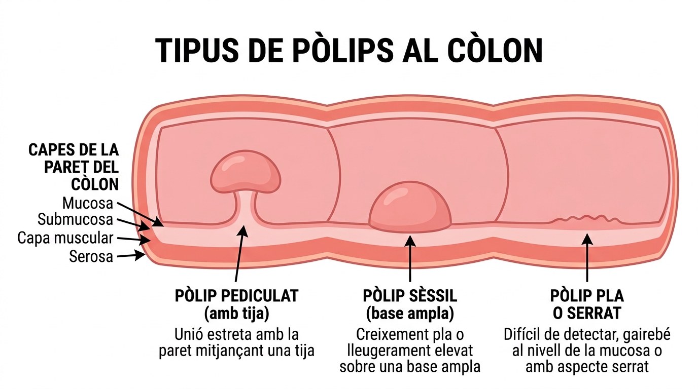 Diagrama dels tipus de pòlips al còlon segons la seva forma: pediculat amb tija, sèssil de base ampla i pla o serrat, sobre les capes de la paret del còlon (mucosa, submucosa, capa muscular i serosa)
